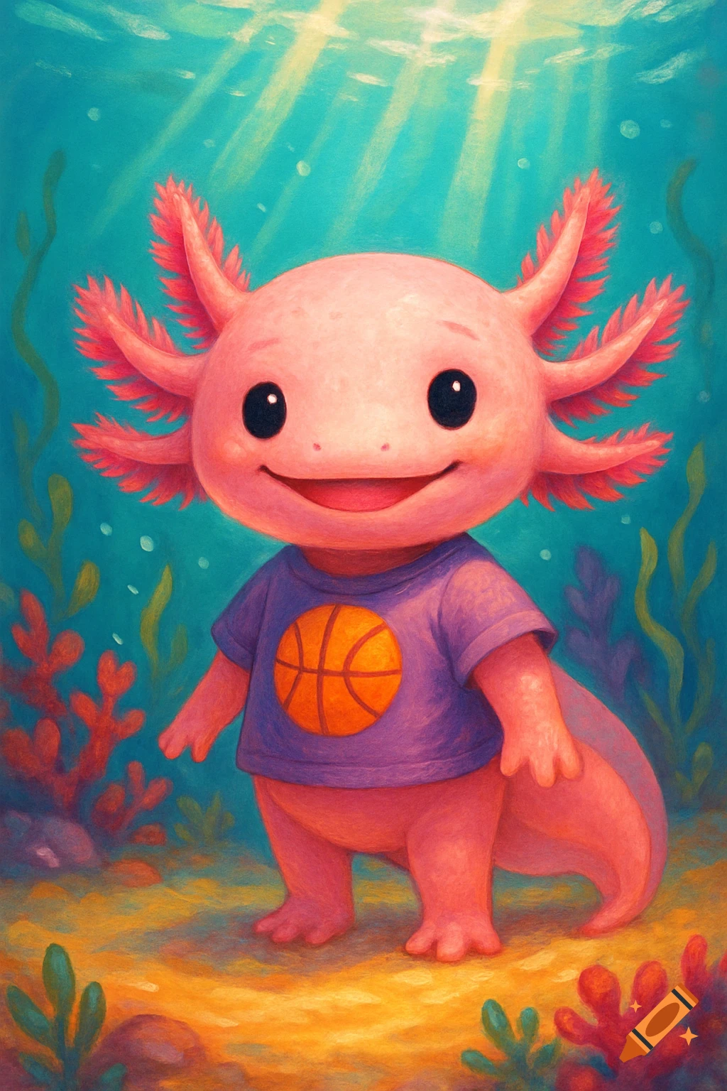 Cute pink axolotl in a purple basketball shirt smiles underwater, surrounded by plants in a vibrant digital painting.