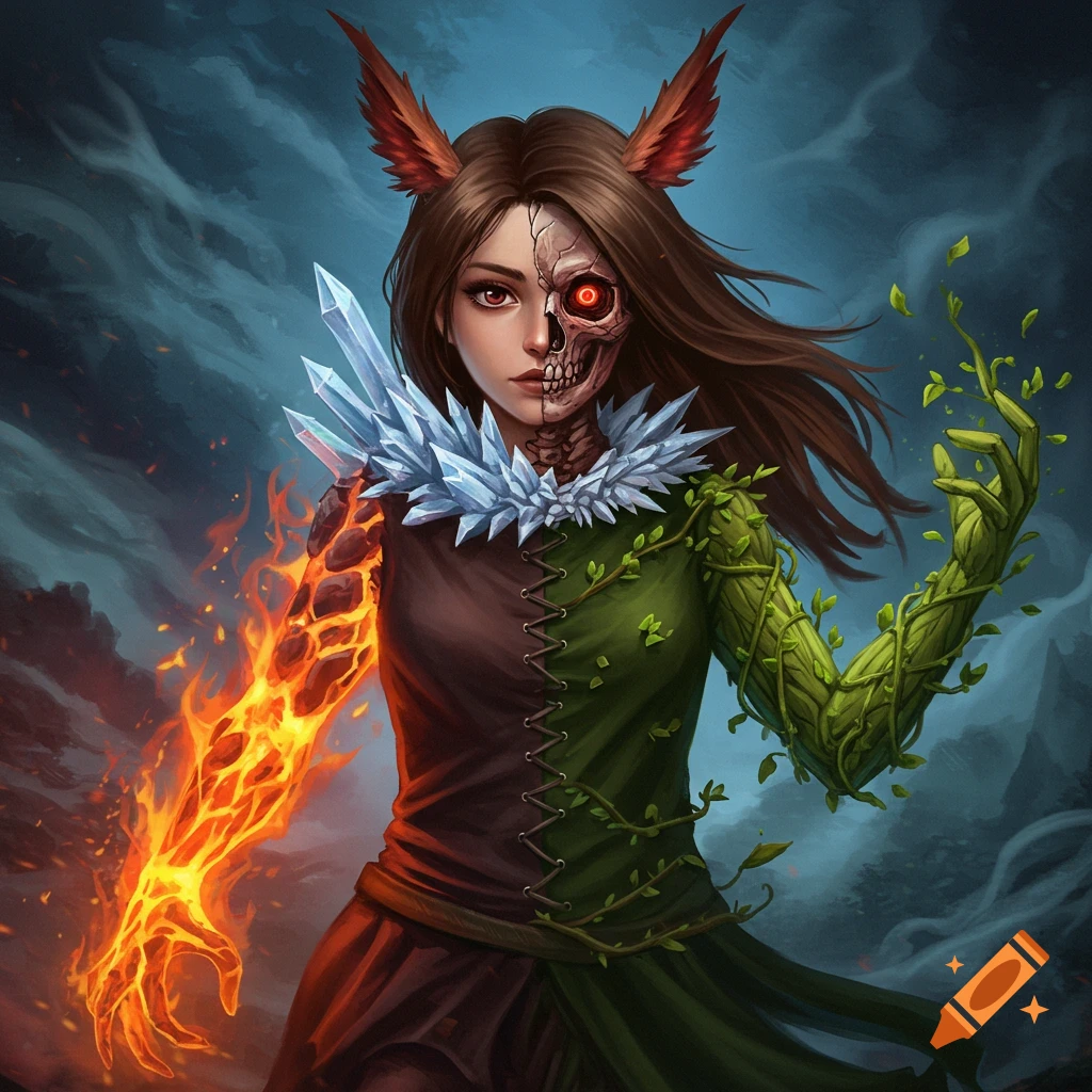 Fantasy woman with half a skull face and feathered ears, one magma arm and one vine arm, with ice spikes around her neck.