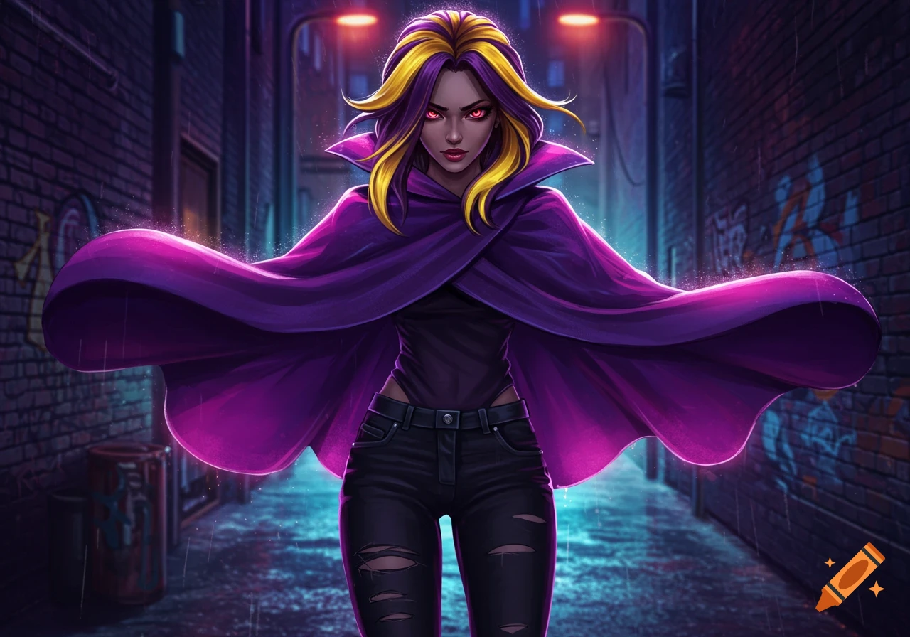 Vibrant digital art of a fierce woman with purple and yellow hair, red eyes, a flowing purple cape, and ripped jeans, standing in a dark, rainy alley.