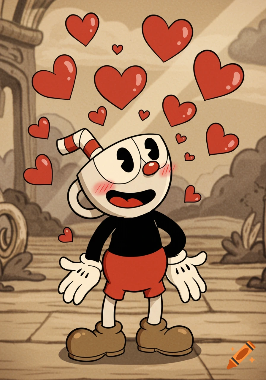 Cuphead with hearts floating around his head and blushing, in a cartoon style.