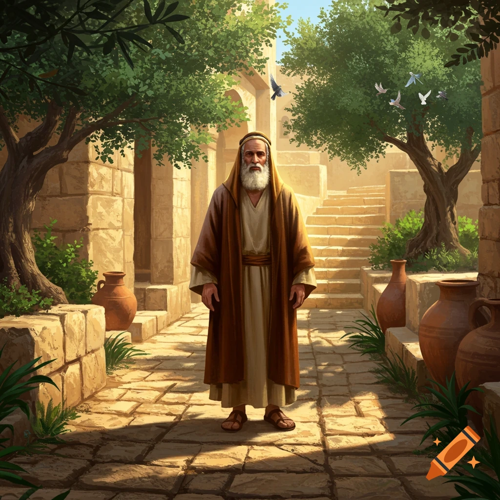 An old man with a long white beard and brown robes stands in a sunlit stone courtyard with olive trees and steps.