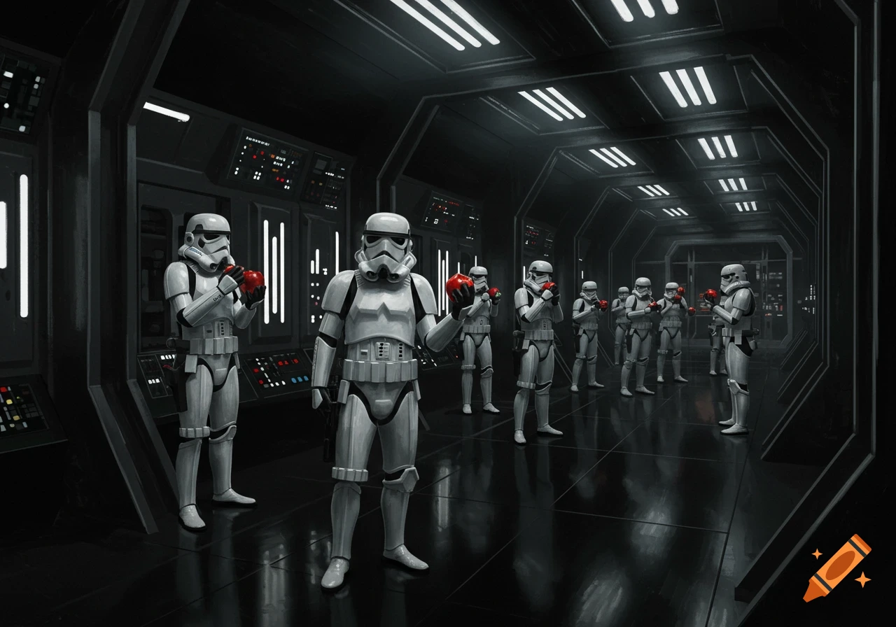 Multiple Stormtroopers holding red apples stand in a dark, futuristic spaceship corridor, digital art.