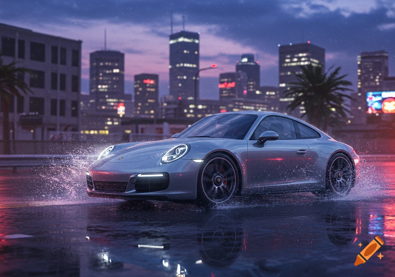A silver Porsche sports car drives through a wet city street at night, splashing water, with a blurred illuminated cityscape behind it.