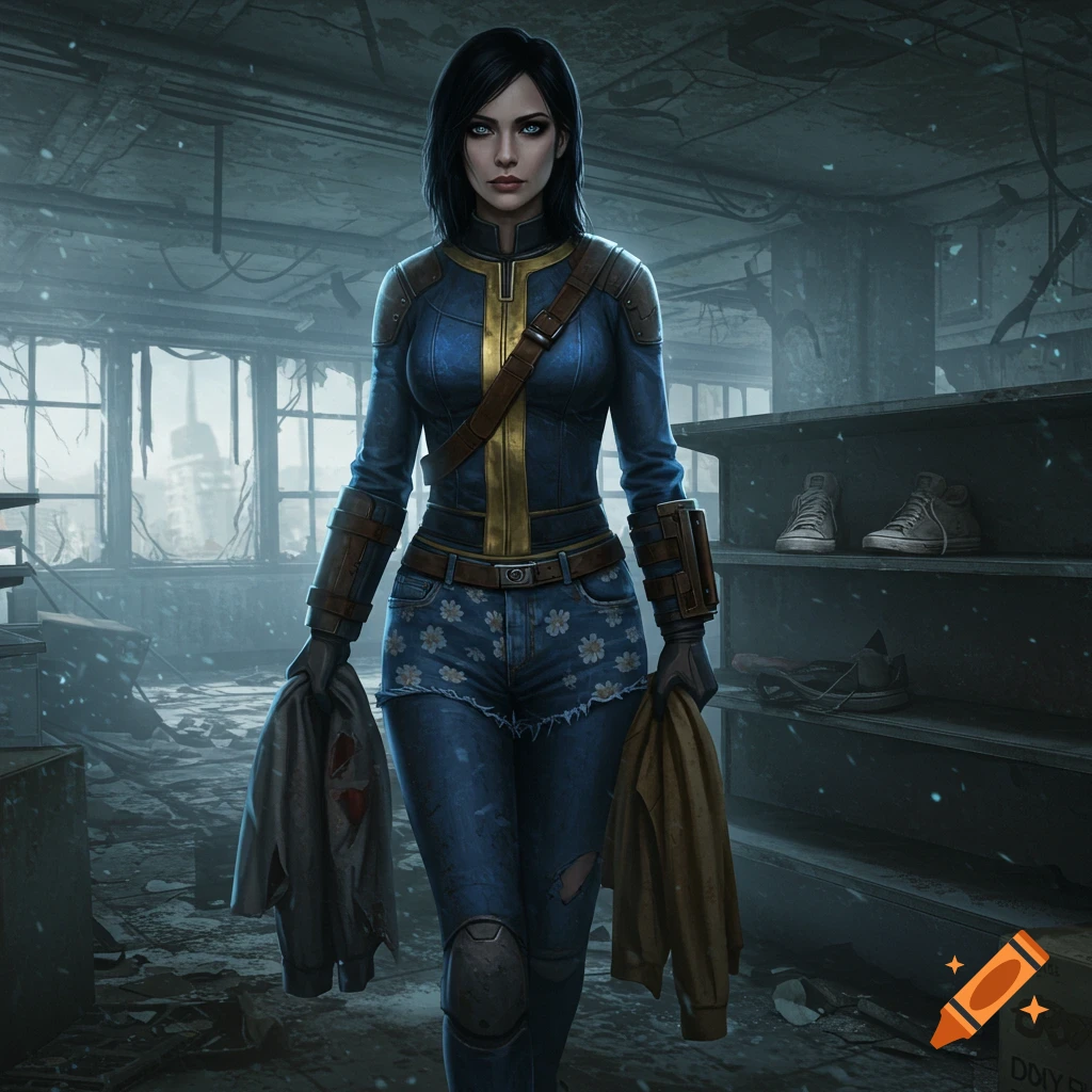 A dark-haired woman in a blue and yellow Vault-Suit and daisy-duke shorts holds torn clothes in a ruined department store, digital art.