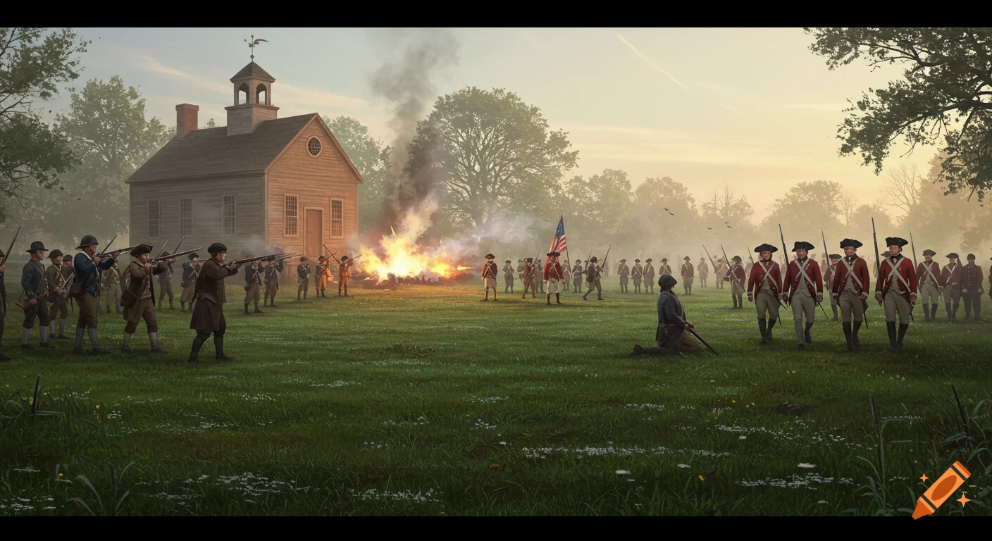 An illustration of the American Revolutionary War showing Minutemen and British soldiers clashing on Lexington Green at dawn.