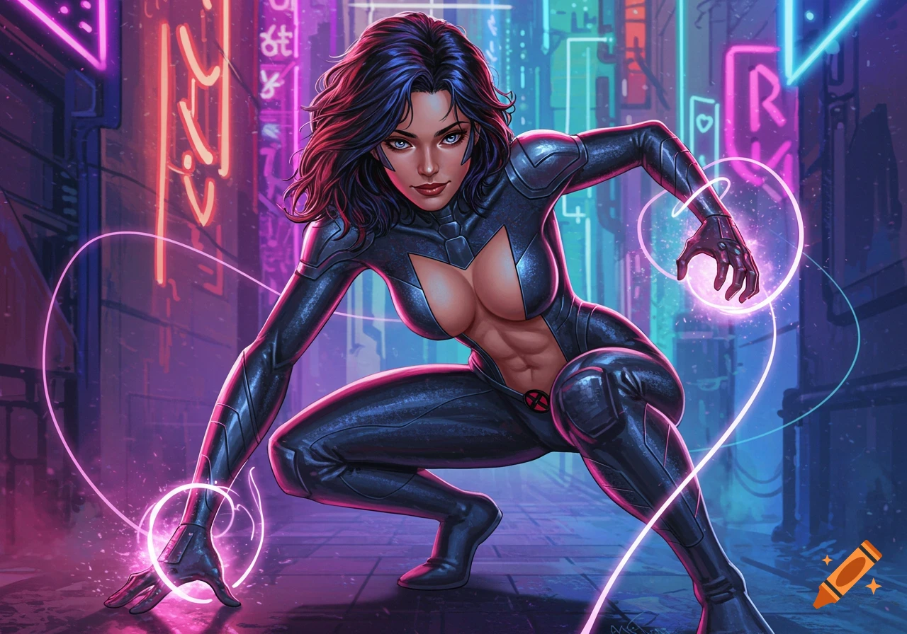 A dark-haired superheroine in a black and grey suit with an exposed midriff crouches, surrounded by pink energy in a neon-lit cyberpunk city street.