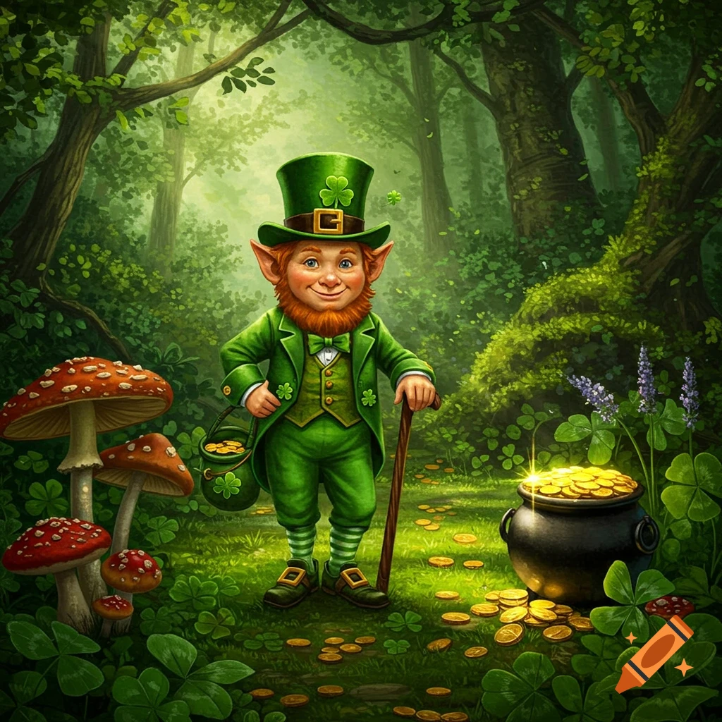 A smiling leprechaun in a green suit and top hat stands in a magical forest with a pot of gold, shamrocks, and toadstools.