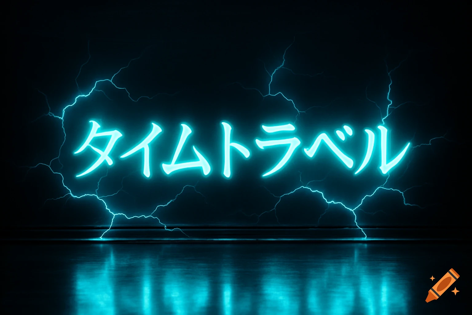 Neon turquoise Japanese Katakana text 'Time Travel' glowing amidst blue lightning bolts on a reflective dark surface.