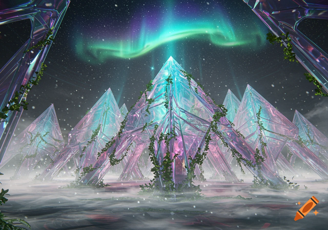 Glowing crystalline pyramids covered in vines under a vibrant aurora borealis sky, with mist on the ground, fantasy style.