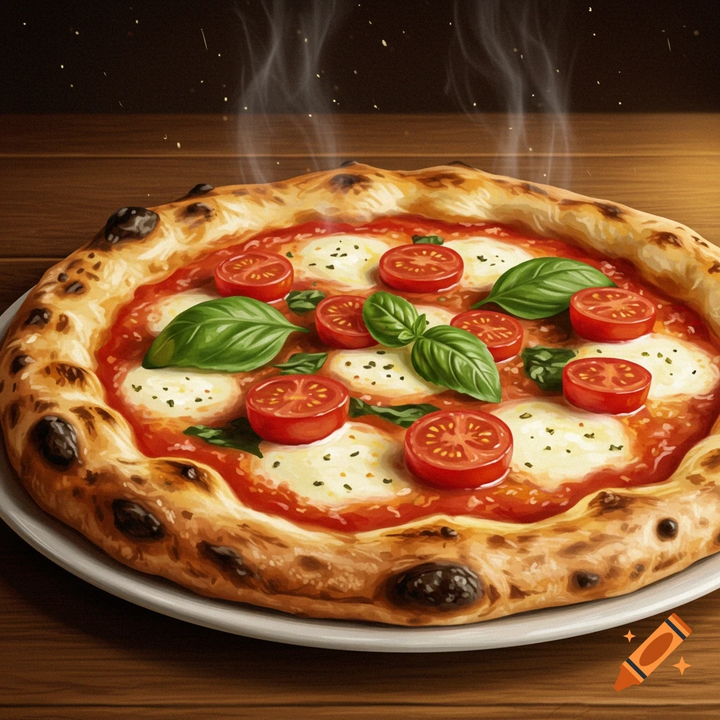 A steaming, freshly baked Neapolitan pizza topped with melted mozzarella, sliced red tomatoes, and fresh basil leaves, served on a white plate on a wooden table.