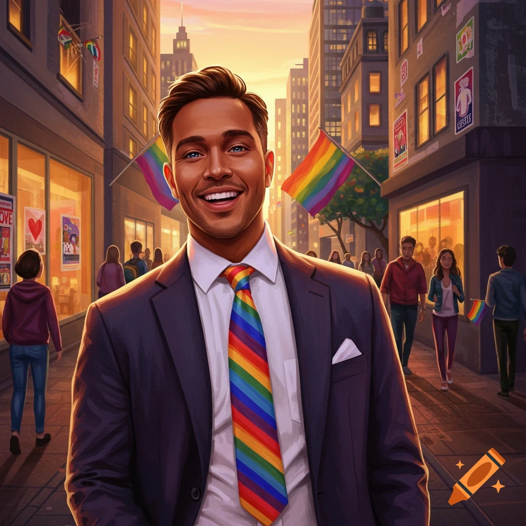 Smiling man in a suit with a rainbow tie stands in a city street adorned with rainbow flags, in a stylized digital art style.