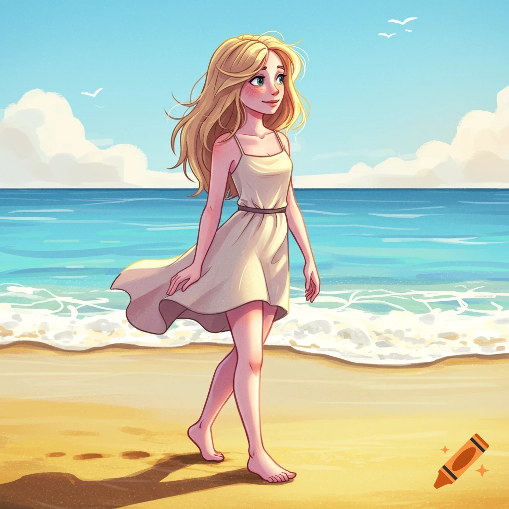 A blonde woman in a light dress walks barefoot on a sunny beach, cartoon style.