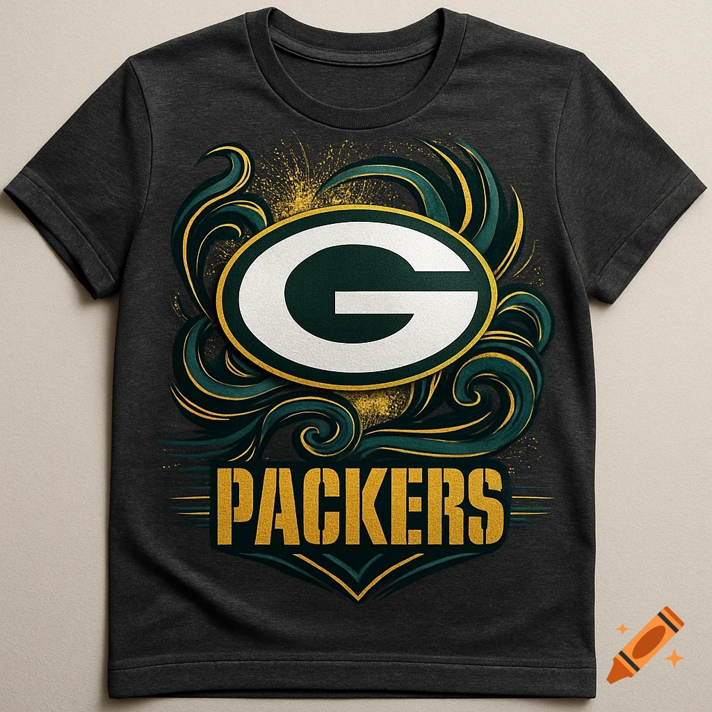 Dark grey t-shirt featuring a green and gold Green Bay Packers logo with decorative swirls and the word PACKERS below.