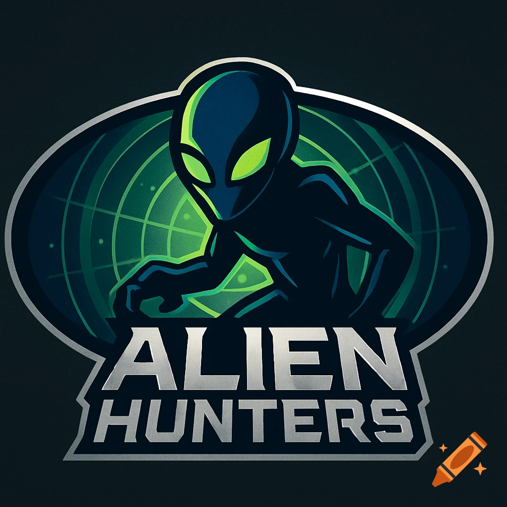 A stylized logo features a dark blue and green alien with glowing eyes, set against a radar-like background, with the text "ALIEN HUNTERS".
