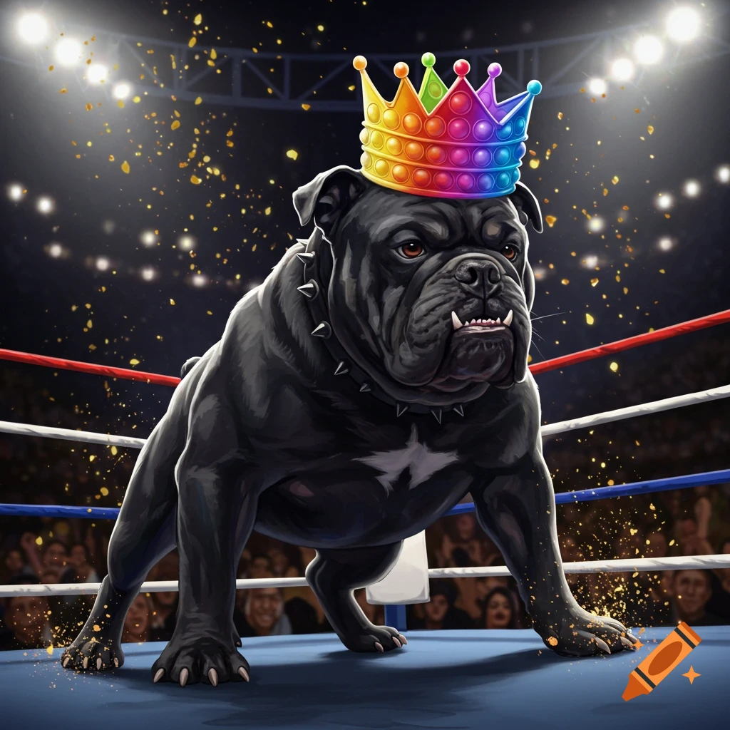 A serious black bulldog wearing a colorful pop-it crown stands in a boxing ring with confetti falling, digital illustration.