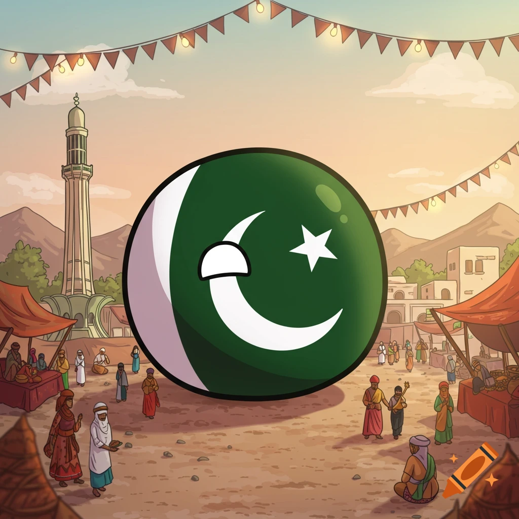 A cartoon Pakistan countryball in a bustling market scene with a mosque, mountains, and festive banners under a pastel sky.