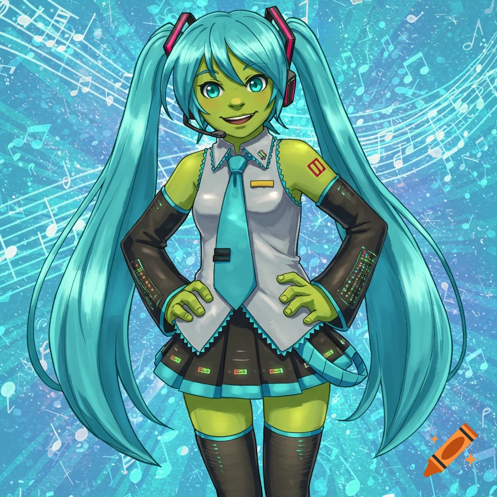 An anime-style character with green skin and blue pigtails, dressed in Hatsune Miku's outfit, stands smiling against a musical note background.