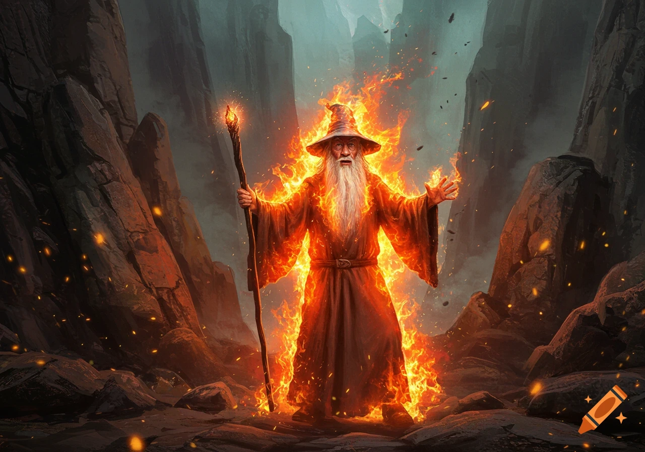 A powerful wizard, resembling Gandalf, stands engulfed in swirling magical flames within a rocky landscape, holding a glowing staff.