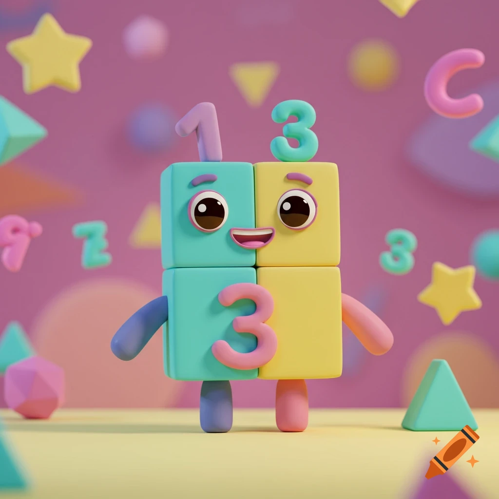A cheerful block character with large eyes, a smile, and the number 3 prominently displayed, surrounded by colorful floating numbers and shapes on a pink and yellow background.