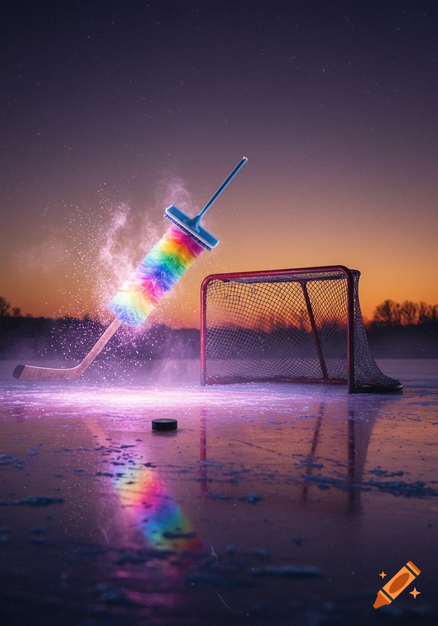 A hockey stick with a rainbow Swiffer duster on an ice rink next to a hockey net and puck, glowing with pink light at sunset.