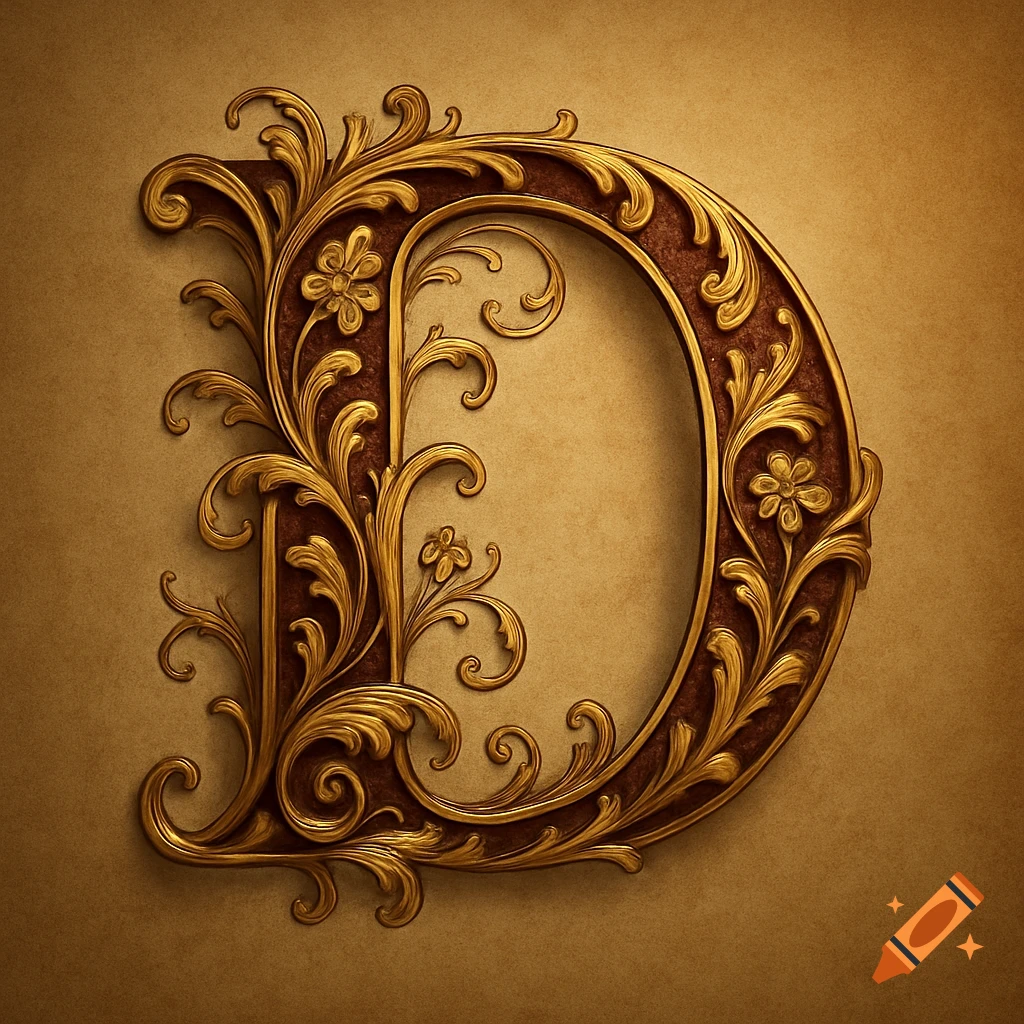 Ornate golden capital letter D with filigree and floral designs on a textured brown background.