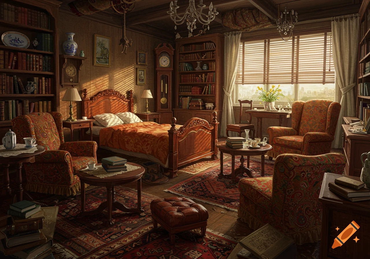A photorealistic image of an old-fashioned room overcrowded with antique furniture, bookshelves, and a bed, bathed in sunlight.