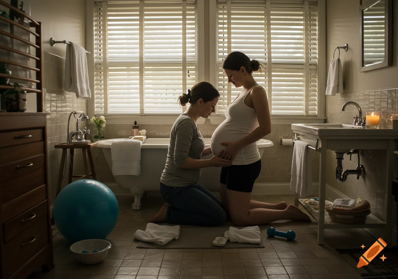 Two women kneel in a softly lit bathroom; one heavily pregnant woman is supported by another, evoking a home birth.