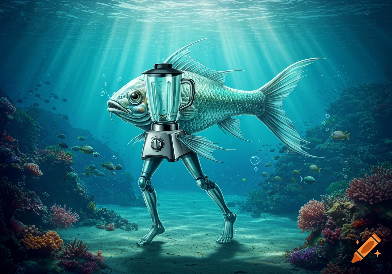 A surreal image of a large fish with a blender for a torso and human legs walking on the seabed among colorful coral reefs.