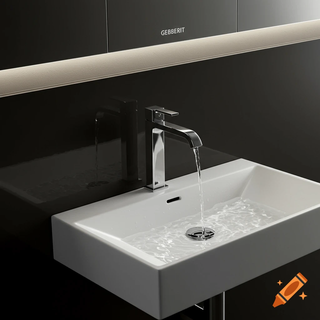 A modern white rectangular bathroom sink with a chrome faucet pouring water into the basin, set against a dark wall with a subtle GEBBERIT logo.