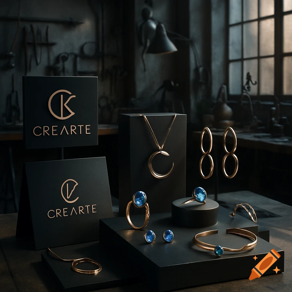 Gold jewelry with blue gems on black stands in a workshop, with signs displaying the 'CREARTE' logo and name.