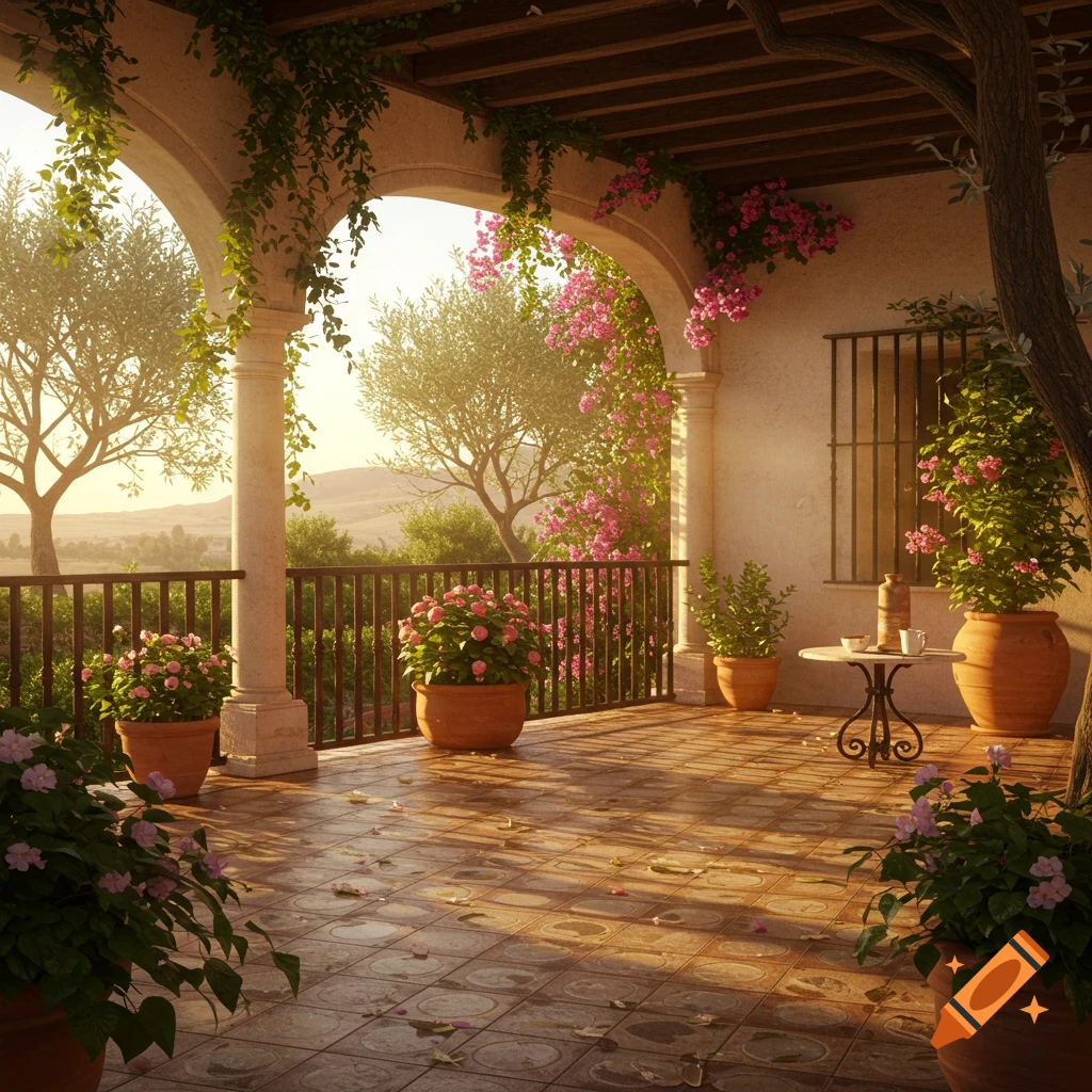 A photorealistic Mediterranean-style patio with arches, potted plants, blooming bougainvillea, and olive trees under golden sunlight.