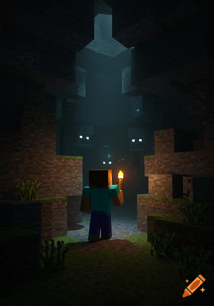 Minecraft Steve holds a torch, exploring a dark, blocky cave with glowing-eyed monsters in the misty background.