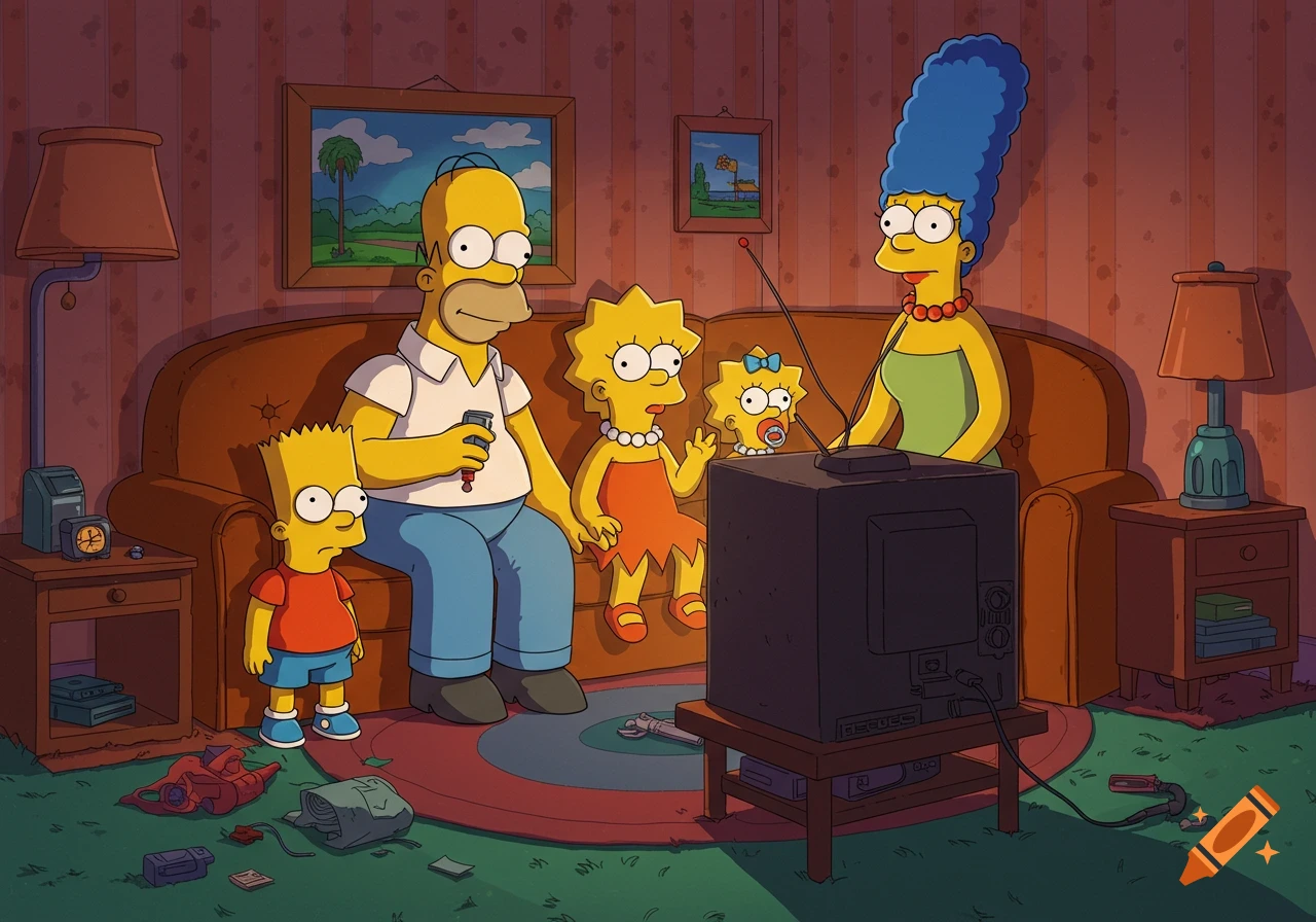 The Simpsons family sitting on a brown couch watching an old television set in their living room.