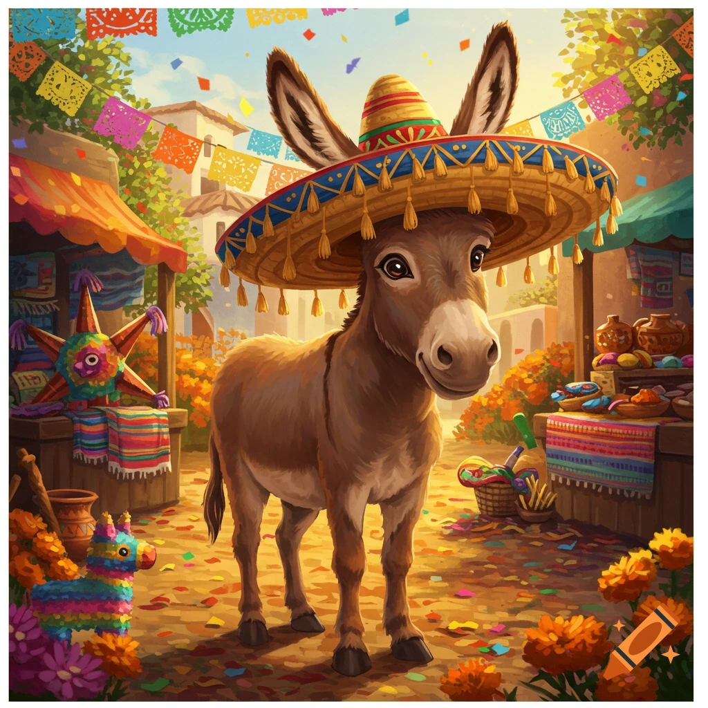 A cartoon donkey wearing a large sombrero stands in a vibrant Mexican festival marketplace with colorful decorations.