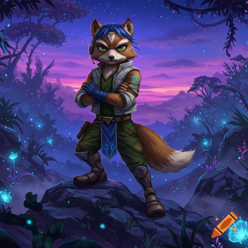 An anthropomorphic fox with blue hair and green eyes, wearing a pilot jacket, stands on a rock in a glowing alien forest at dusk.
