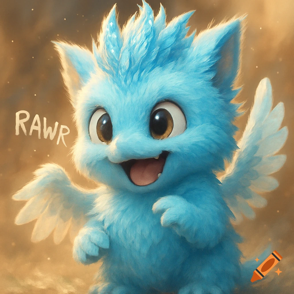 A cute light blue fluffy monster with big eyes and feathered wings, saying "RAWR" in a happy way.