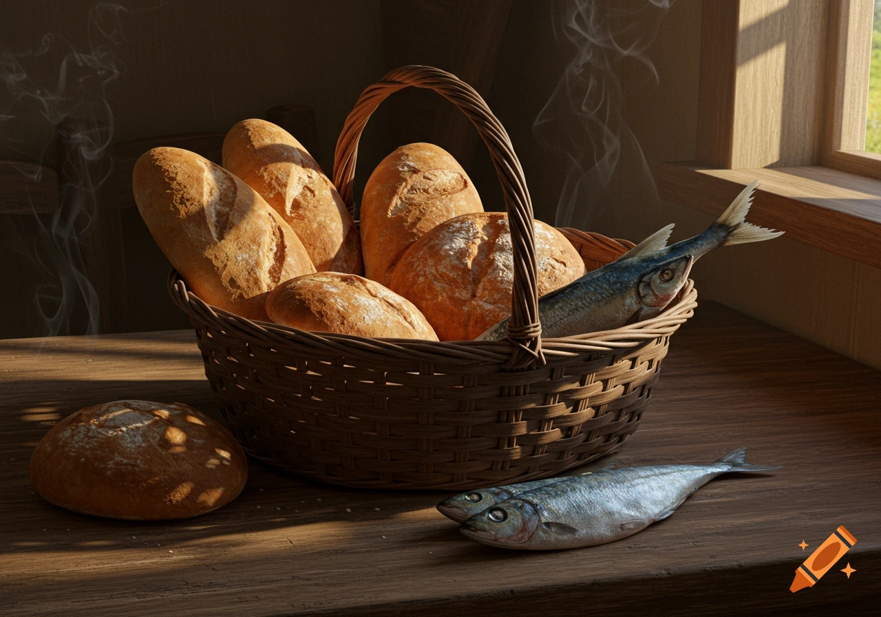 A photorealistic still life featuring a basket of bread and fish on a wooden table near a window, with sunlight.