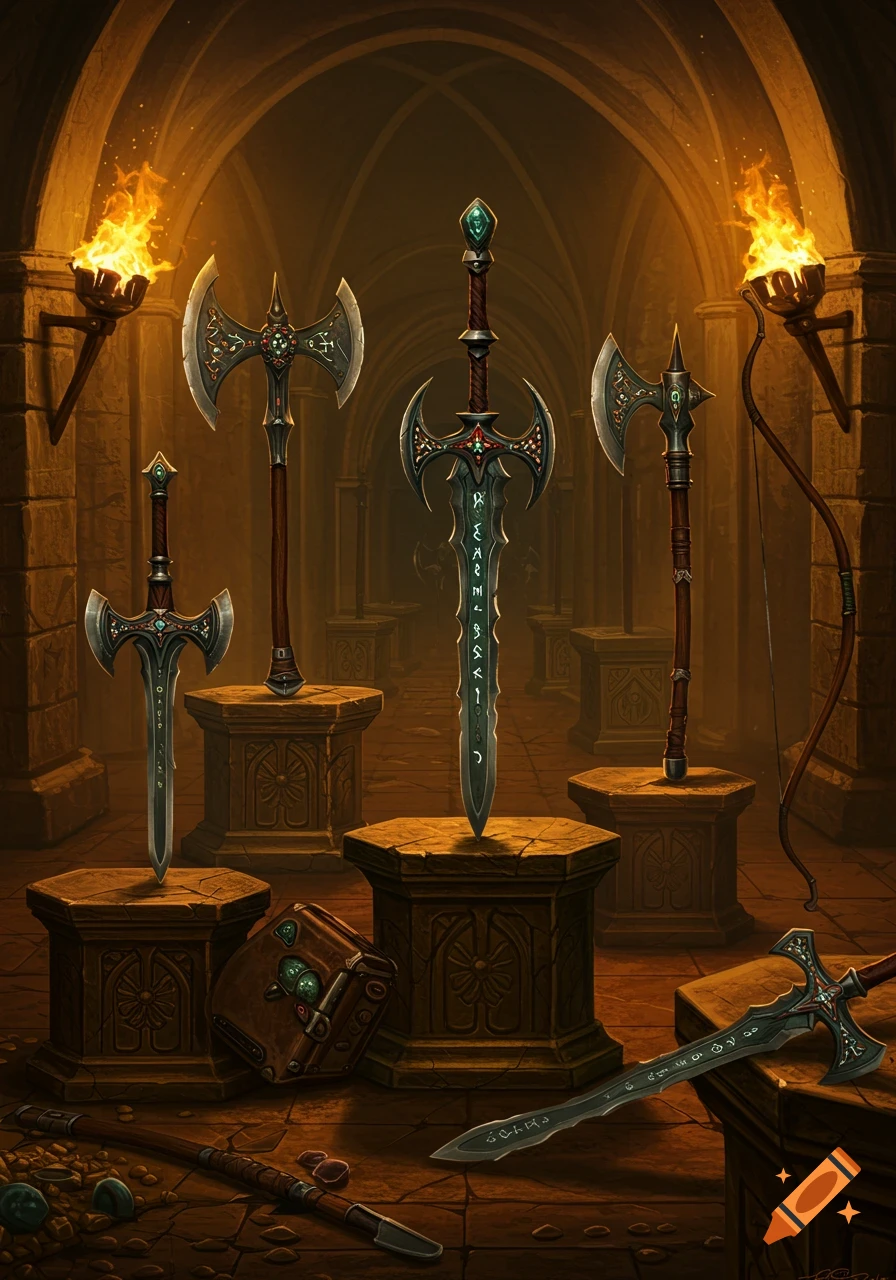 An array of detailed fantasy weapons, including swords and axes with glowing runes, and a bow, displayed on stone pedestals in a torch-lit dungeon hall.