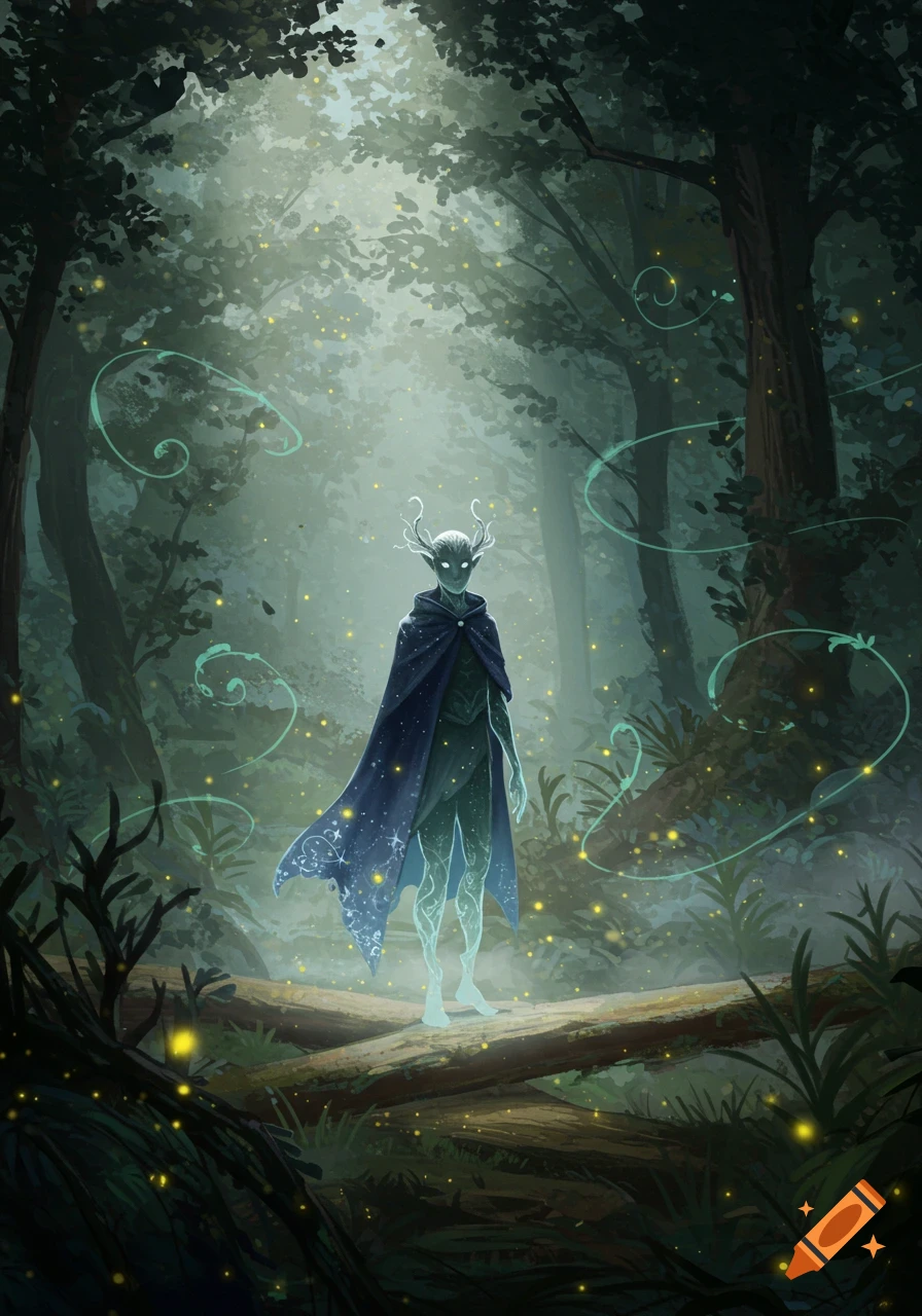Ethereal horned forest spirit in a dark, mystical forest with glowing fireflies and magic, digital painting.