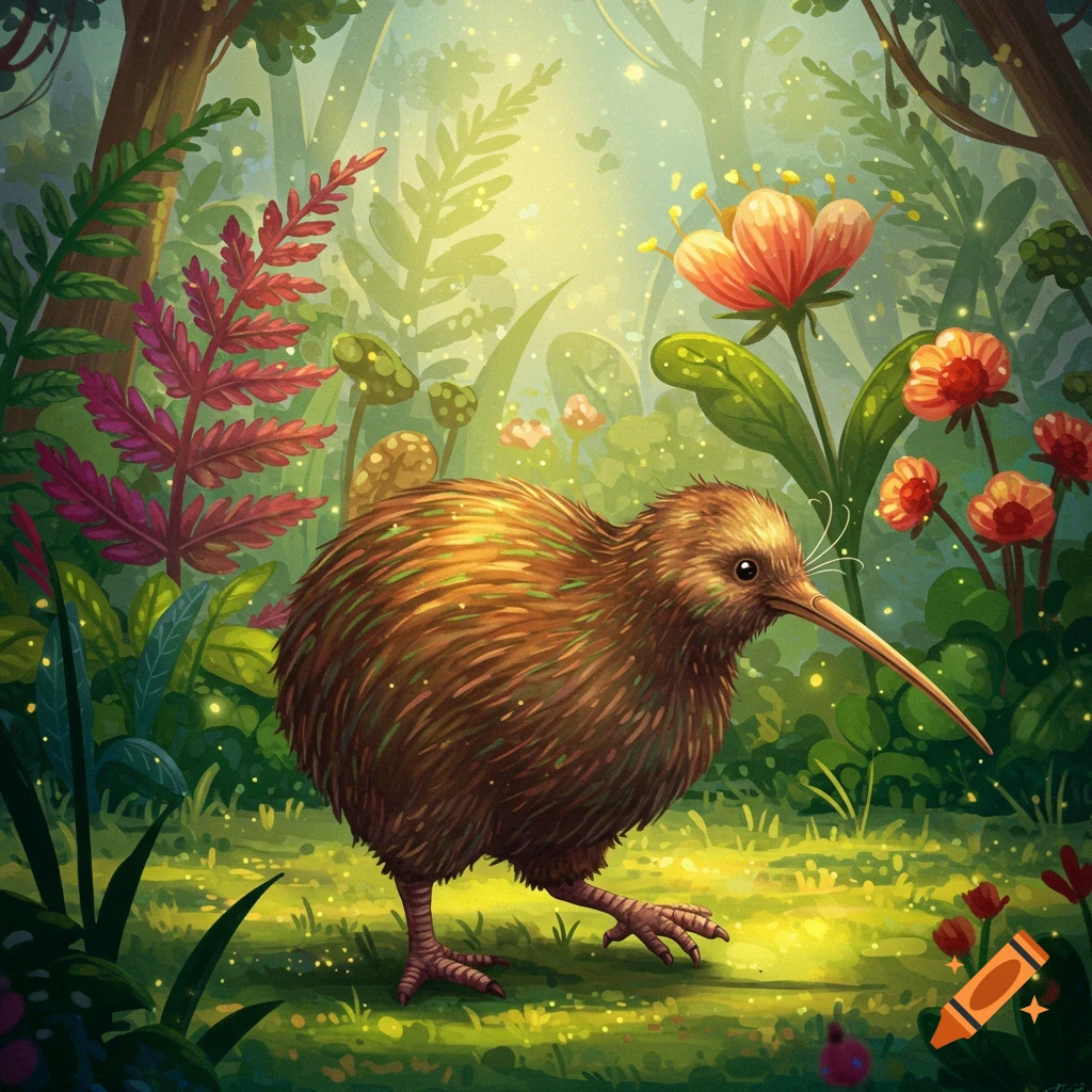 A vibrant illustration of a brown kiwi bird walking through a whimsical, glowing fantasy forest with colorful flowers.