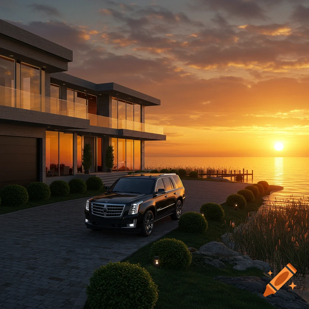 A black Escalade parked on a paved driveway in front of a modern waterfront house at sunset, with golden reflections on the water.