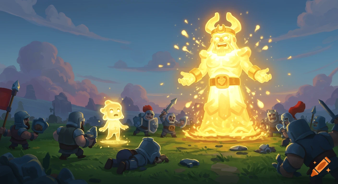 A godlike golden spirit glows brightly as cartoon soldiers and a smaller spirit watch in a dramatic fantasy landscape.