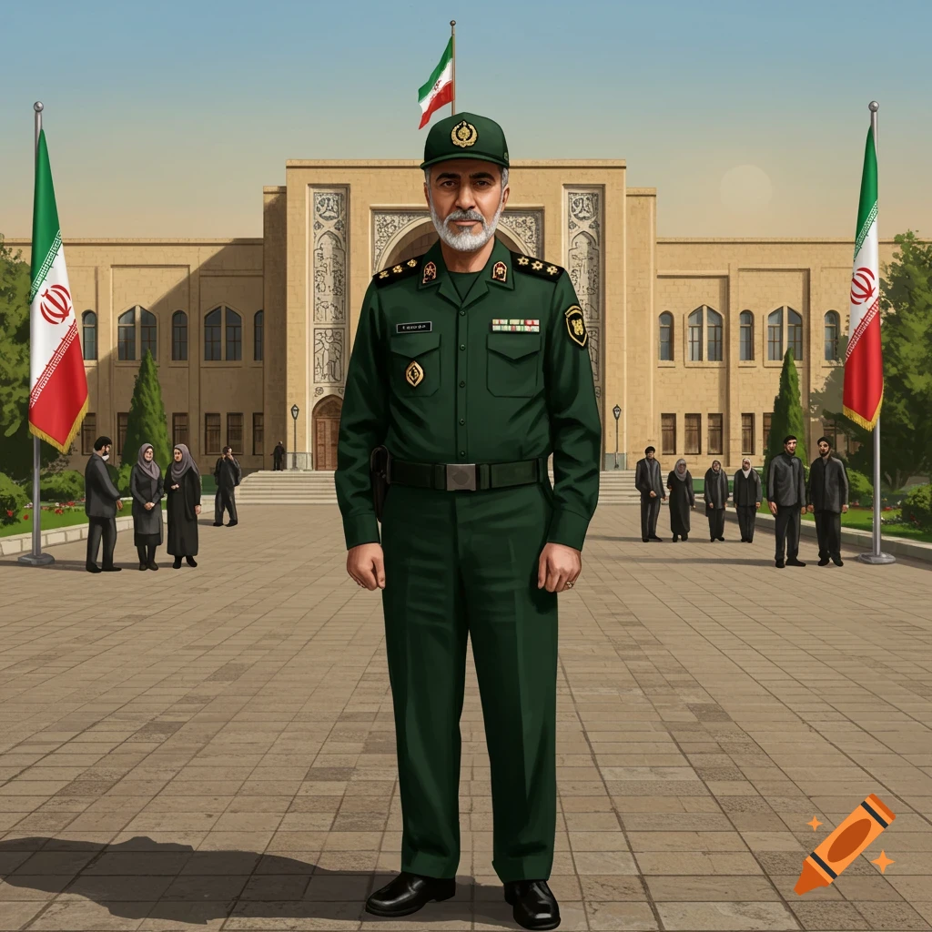 A middle-aged man in a green Iranian uniform stands in front of a large building with Iranian flags, in a digital painting style.