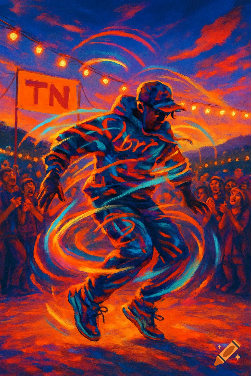 A person in a hoodie and cap dances energetically amidst a crowd, surrounded by swirling, vibrant orange and blue light trails. A banner with "TN" is in the background under a sunset sky with string lights. Painterly style.