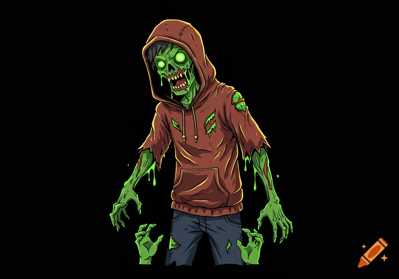 Cartoon zombie in torn hoodie with glowing green eyes and slime, reaching forward, with hands rising from below. Anime vector art on black background.