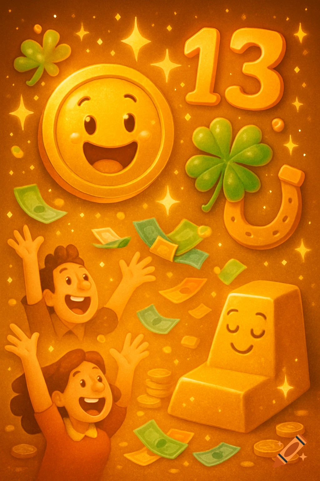 A fun 3D cartoon illustration of a happy gold coin, a four-leaf clover, a horseshoe, and the number 13. Two cheerful people throw money in the air as a smiling gold bar sits below, all rendered in bright golden tones with sparkles.