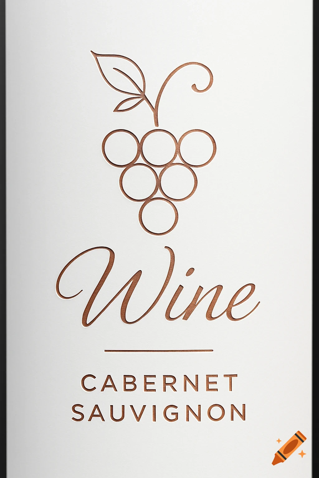 Modern minimalist wine label with a copper embossed grape bunch and text 'Wine CABERNET SAUVIGNON' on a white background.