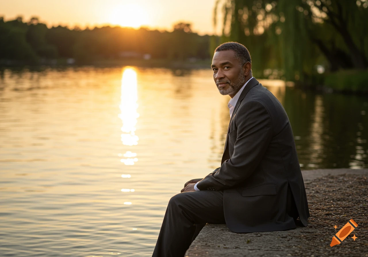 A man in a suit sits by a lake at sunset, looking towards the viewer.