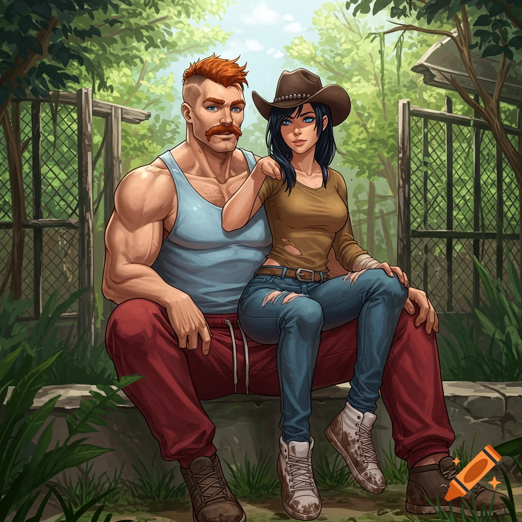 Muscular man with red hair and mustache in tank top sits with a woman in his lap wearing a cowboy hat and ripped clothes in a ruined zoo, in fantasy art style.