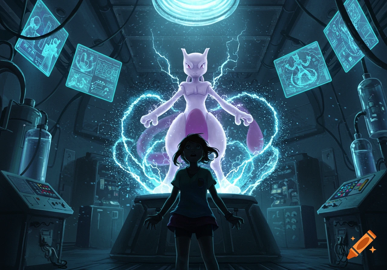 A girl stands in a futuristic lab, looking up in awe at Mewtwo, who is surrounded by glowing blue energy.